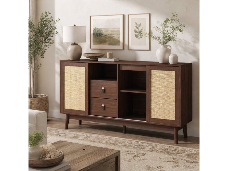 Buffet 3 portes coulissantes en rotin et 2 tiroirs – bois foncé – 155 x 38 x 80 cm  - Conforama B