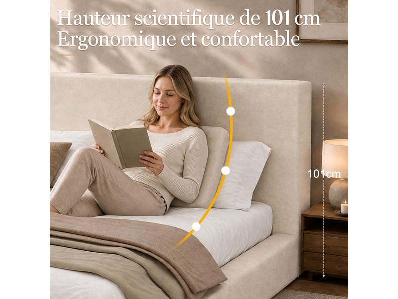  Lit coffre rembourré 180 x 200 cm avec rangement hydraulique, tête de lit 12 cm et cadre anti-glisse, en chenille beige, sans matelas  - Conforama D