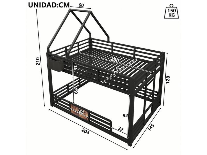  Lit superposé en métal 140x200 cm avec cadre de toit à décorer et éclairage led, noir  - Conforama E