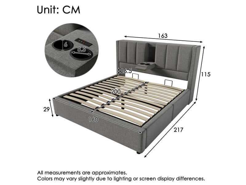  Lit double avec rangement coffre, 160x200 cm, avec station de charge, porte gobelet, matelas inclus, lin, coloris gris  - Conforama C
