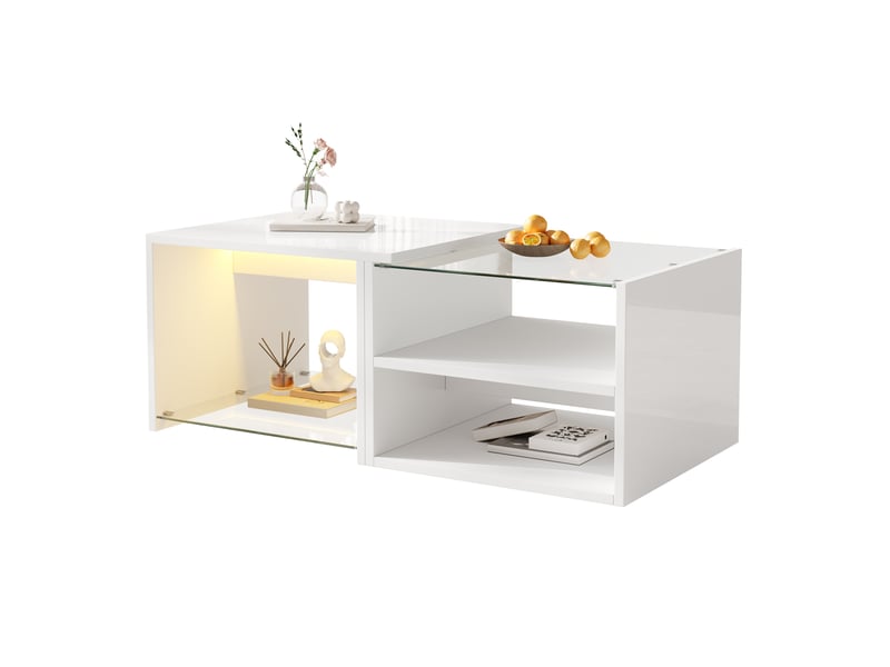  Table basse 100x50x38 cm à led et plateaux en verre blanc  - Conforama A