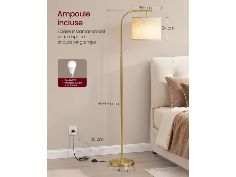  Lampadaire arc hauteur réglable 150 x 30 x 30 cm design moderne ambiance cosy en acier doré clair 12_0012299  - Conforama B