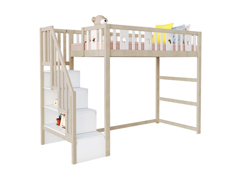  Lit mezzanine enfant 90*200 cm en bois massif, échelle rangement, garde-corps, bois naturel.  - Conforama A
