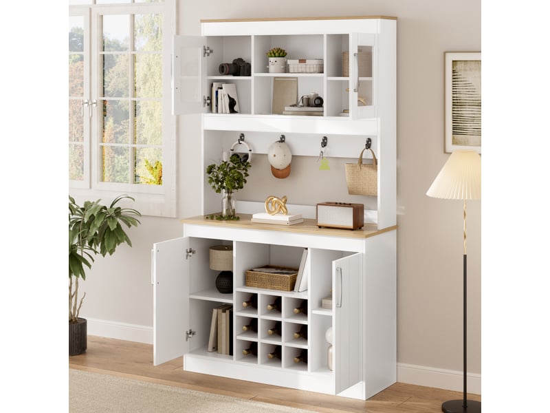  Buffet de cuisine avec vitrine 175 cm, vaisselier blanc et bois avec porte-bouteilles et crochets  - Conforama B