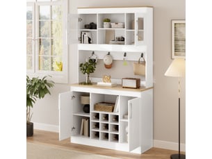 Buffet de cuisine avec vitrine 175 cm, vaisselier blanc et bois avec porte-bouteilles et crochets