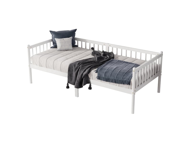  Lit banquette enfant 90x200 cm en bois de pin blanc avec barrières 3 côtés  - Conforama A