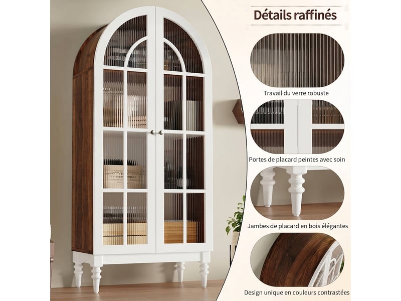  Buffet de cuisine vitrine 165 cm avec portes en verre strié, finition noyer et blanc  - Conforama D