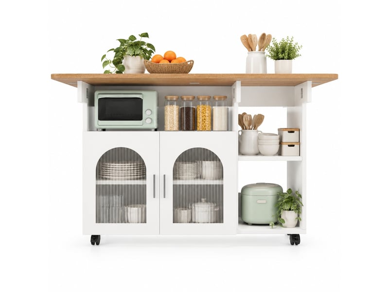  Desserte de cuisine blanche 120 cm avec plateau rabattable, rangements et roulettes  - Conforama A
