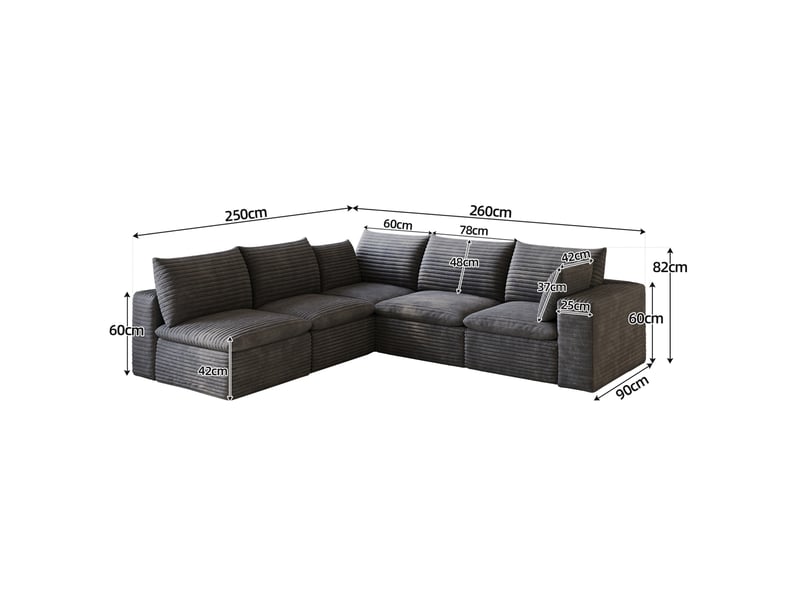 Canapé modulaire d'angle 5 places avec coussins amovibles, sans montage, en velours côtelé gris foncé - Conforama C
