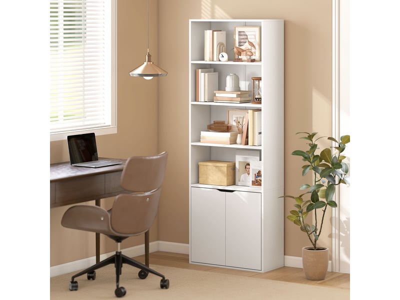  Bibliothèque armoire à livres avec 4 compartiments ouverts et 2 portes pour le salon et le bureau 59x29x180 cm blanc  - Conforama B