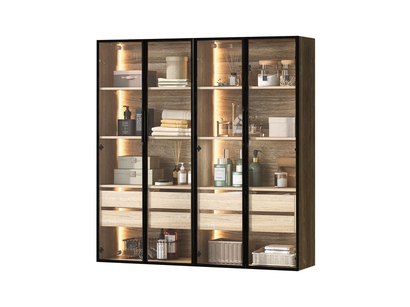  Lot de 2 meubles salle de bain h155, portes en verre dépoli, en mdf naturel, éclairage led, rangement polyvalent  - Conforama E
