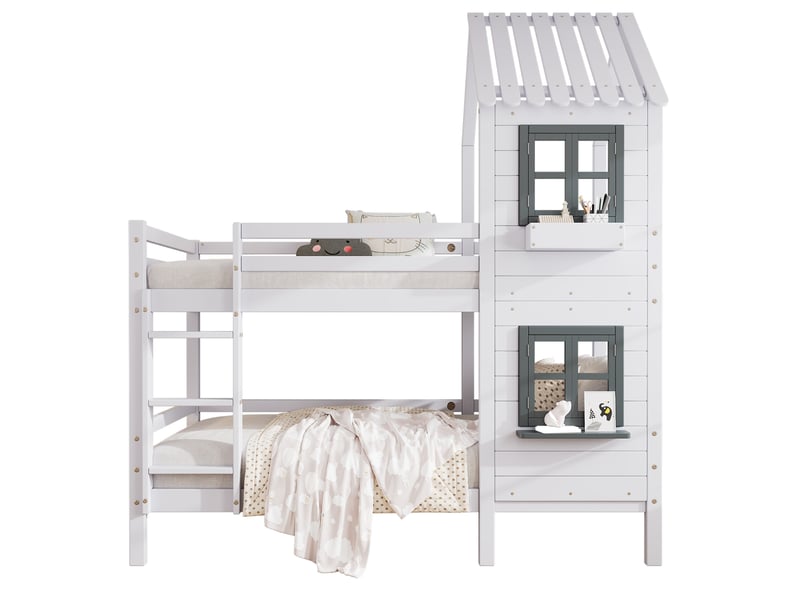 Lit superposé enfant 90x200 cm avec échelle, barrières et fenêtres, blanc - Conforama A