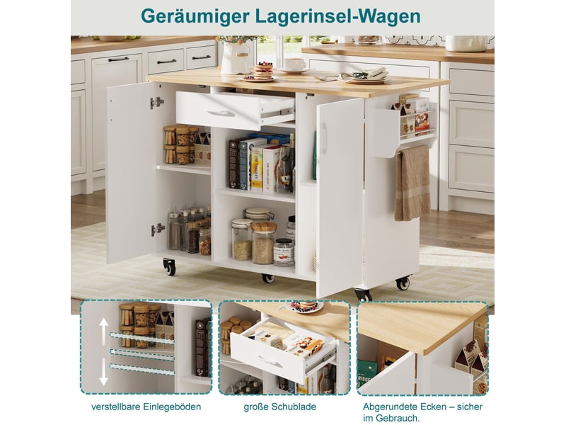  Desserte de cuisine 120x43,5x92,9 cm, plateau rabattable et structure en mdf, meuble de cuisine, blanc et chêne clair  - Conforama E