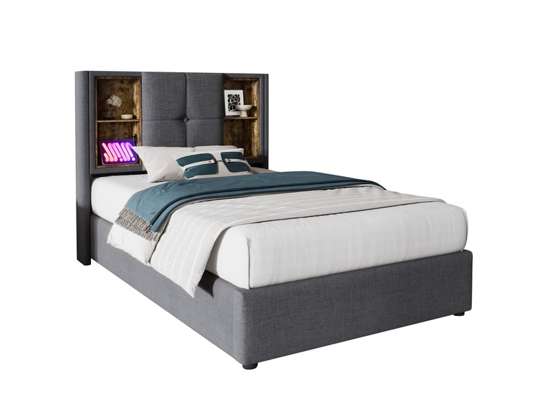  Lit simple 90x200 cm avec tête rangement et 4 niches, coton, gris, sans matelas  - Conforama A