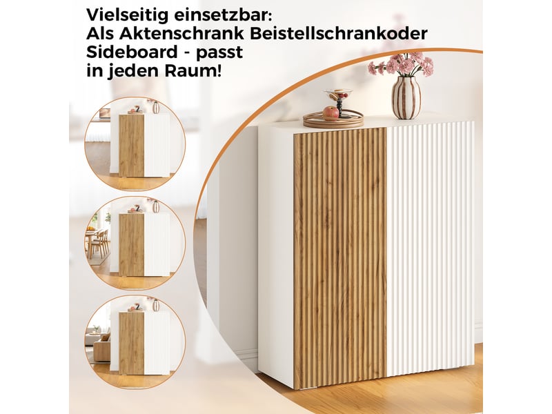  Buffet haut 78x35x110cm, 2 tablettes ajustables, 2 portes rainurées 3d, 3 niveaux de rangement, mdf et panneaux de particules, blanc et effet chêne  - Conforama E