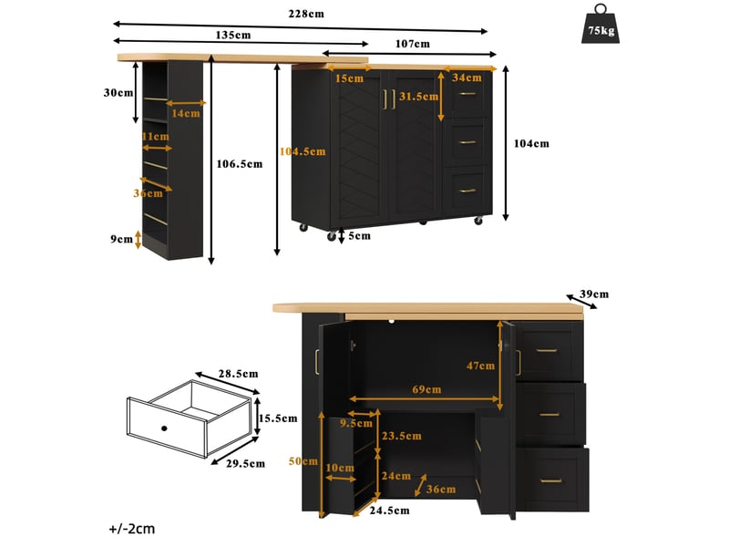 Meuble bar extensible avec 2 portes, 3 tiroirs, 1 panier et roulettes, pour cuisine et salon, 135 × 39 × 104 cm - Conforama D