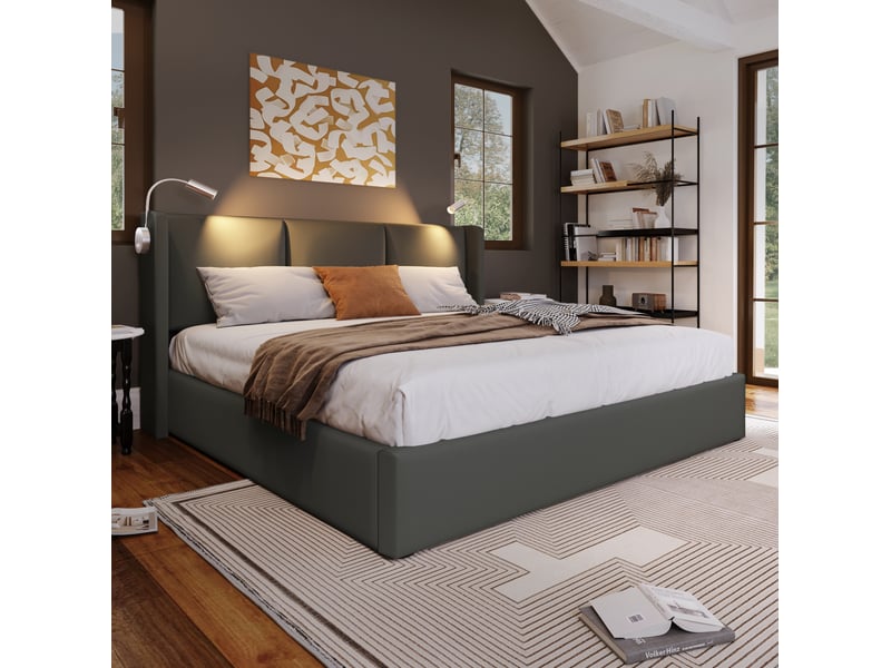  Lit double coffre de rangement 140 x 200 cm gris en pu avec liseuse usb et sommier à lattes  - Conforama C