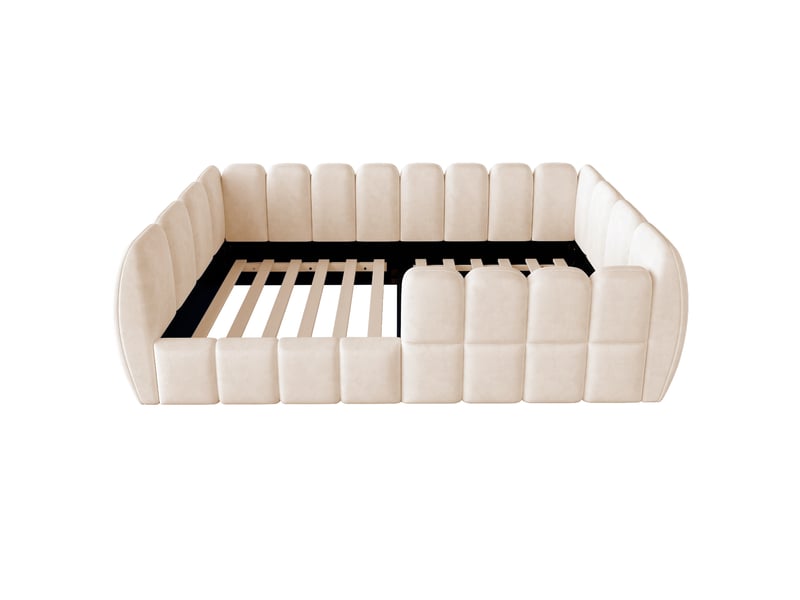 Lit enfant au sol 90x200 cm à entourage capitonné fermé, coins arrondis et revêtement velours beige Fay Lum - Conforama E