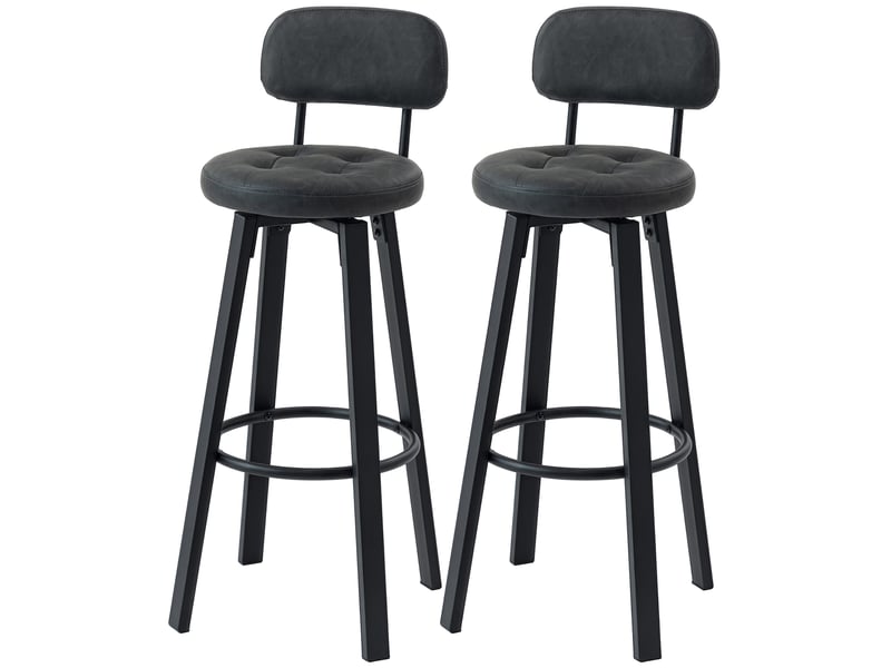  Ensemble de 2 tabourets de bar pivotants pour cuisine, revêtement en polyuréthane, avec dossier, structure en métal et repose-pieds, gris foncé  - Conforama B