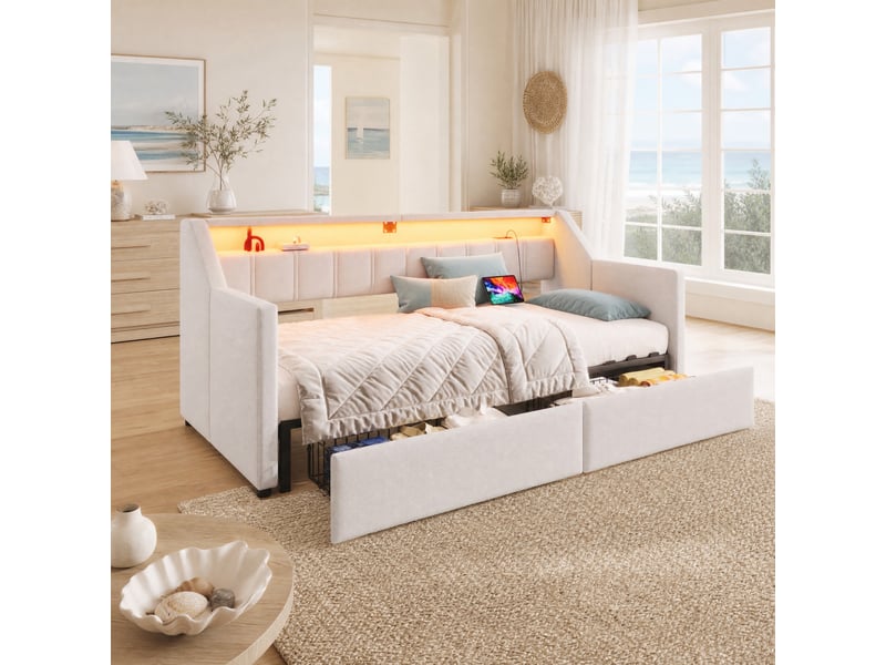  Lit gigogne 90x200 cm avec 2 tiroirs, led, usb et type c en lin et mdf beige  - Conforama B