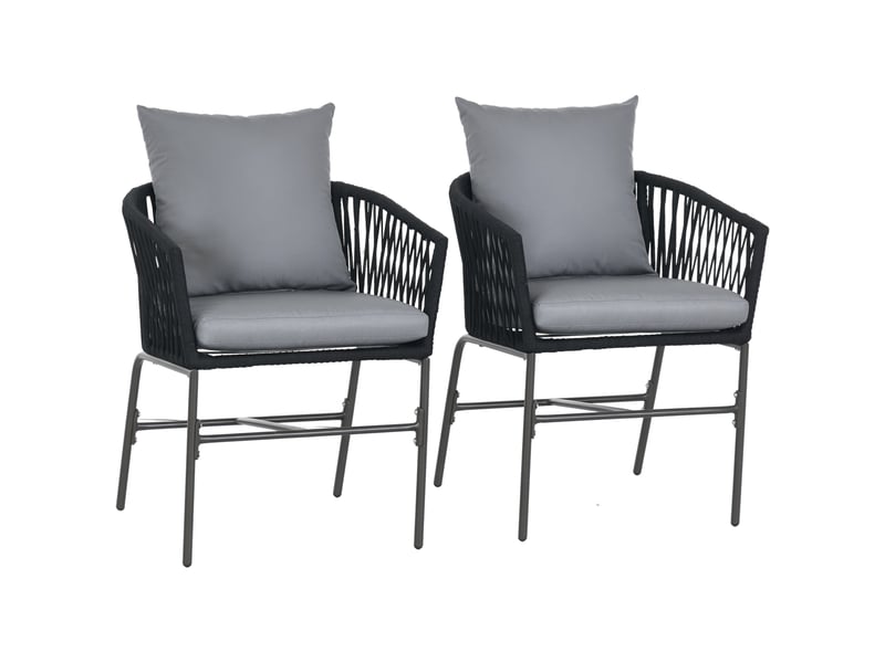  Chaises d'extérieur, lot de 2, style bohème, coussins d'assise et de dossier, coque d'assise confortable, structure en métal, noires  - Conforama A