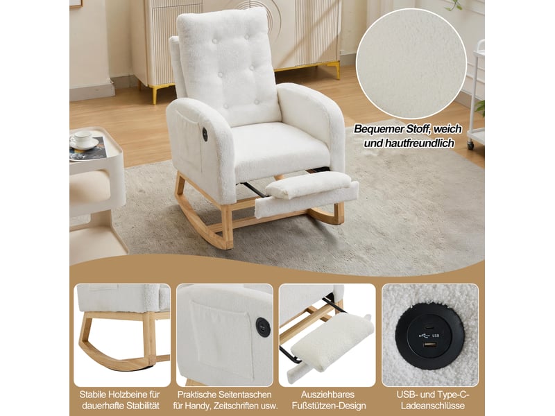  Fauteuil à bascule 66,5x121,5x102 cm avec repose-pieds bouclette blanc  - Conforama E