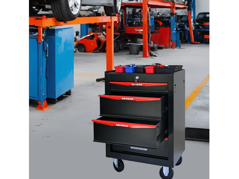  Servante d’atelier mobile 60x33x77,5 cm en acier noir et rouge, 4 tiroirs  - Conforama D