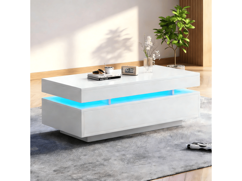  Table basse blanche brillante avec 2 tiroirs, table de salon moderne avec éclairage led, 100x50x35 cm  - Conforama D