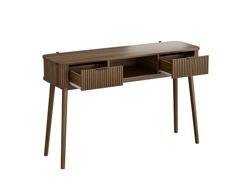  Console 120x35x77,6 cm avec 2 tiroirs en mdf et panneau de particules effet noyer, style mid-century, meuble polyvalent pour salon  - Conforama E