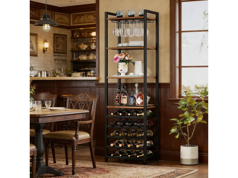  Étagère à vin industrielle 45x35x180 cm en métal et panneau de particules avec porte-verres  - Conforama B