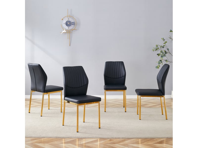  Lot de 4 chaises de salle à manger 43x42,6x93 cm, style luxe léger, dossier rainuré, hydrofuge, pu, noir et doré  - Conforama D
