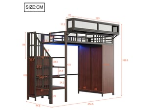 Lit mezzanine 90 x 200 cm, coloris noir, structure métal et bois, placard, led, rangements.
