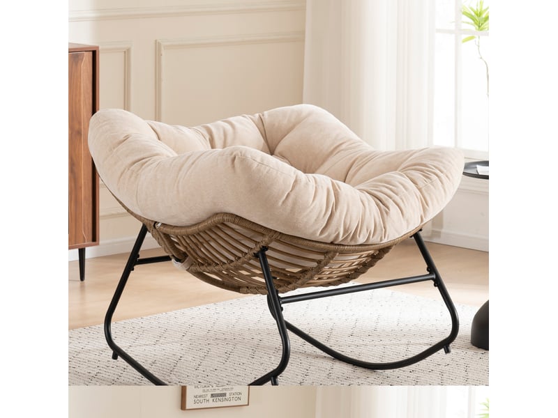  Fauteuil à bascule moderne en chenille beige 98x102x77 cm  - Conforama W