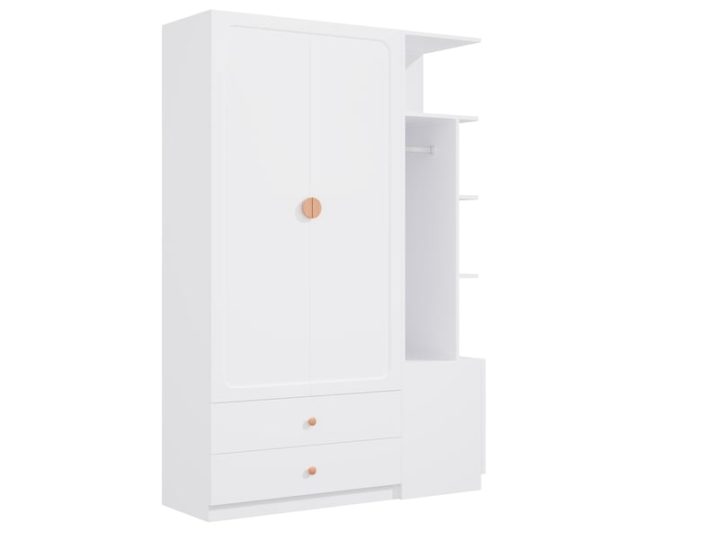  Armoire penderie 200x135x45 cm, dressing modulable pour chambre et entrée, mdf bois massif et acier, avec 2 tringles et 2 tiroirs, blanc  - Conforama D