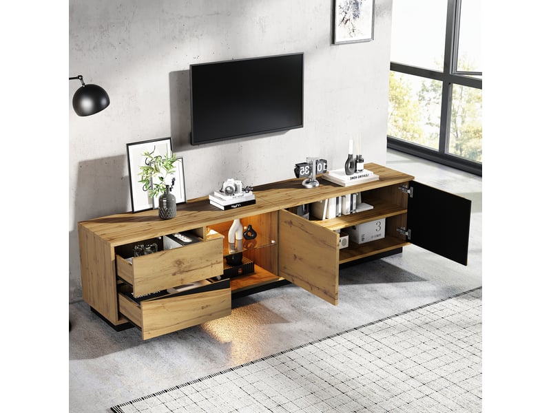  Meuble tv 180x35x45 cm avec led, meuble bas tv avec 2 tiroirs et 2 portes, niche ouverte avec étagère en verre, rangement câble, mdf, noir et bois OPULERANE TRADING LTD - Conforama D