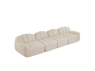 Canapé modulable 4 places en tissu bouclette beige blanc, assise profonde et modules flexibles pour le salon