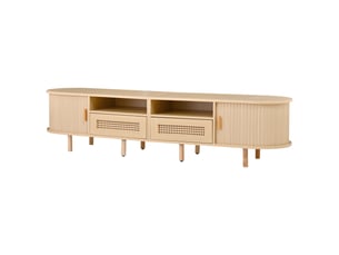 Meuble tv 170 cm ovale en mdf effet bois clair, rangement, portes coulissantes et tiroirs en cannage, jusqu'à 70 pouces