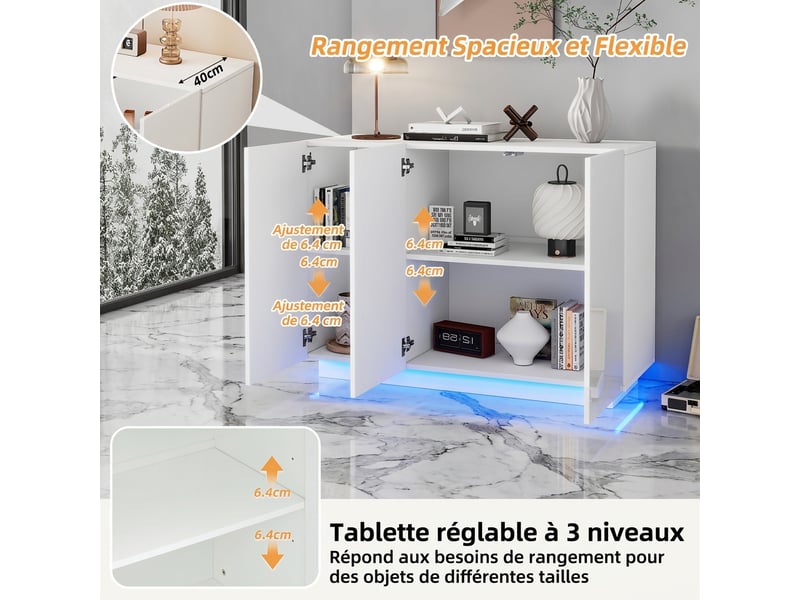  Buffet blanc laqué 120 cm meuble de rangement avec led 3 portes  - Conforama R