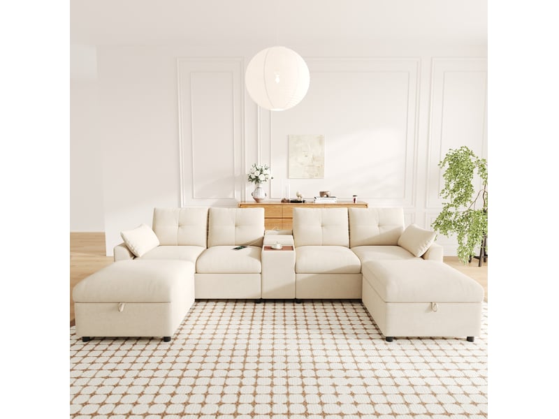  Canapé d'angle modulable 6 places u ou l avec 2 poufs coffres, console avec usb et type-c en chenille beige  - Conforama E