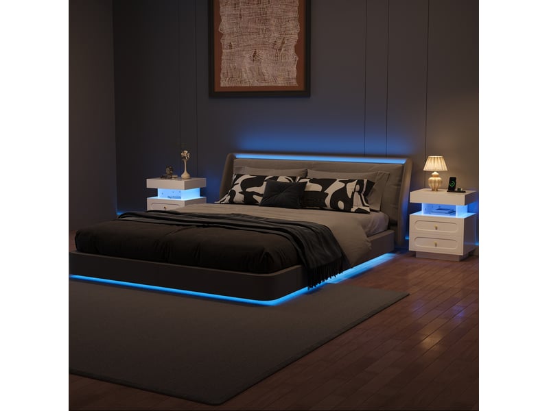  Table de chevet led 100x40x60 cm avec 2 tiroirs et 1 espace ouvert en panneau de particules blanc  - Conforama C