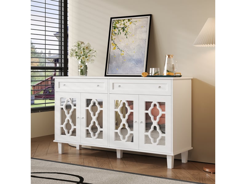  Buffet avec 4 portes miroir, 2 tiroirs et étagère réglable pour salon en mdf 140×40×83 cm blanc  - Conforama C