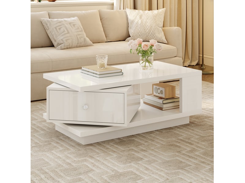  Table basse tcqpz 90 x 48 x 35 cm avec tiroir pivotant et niche ouverte blanc  - Conforama B