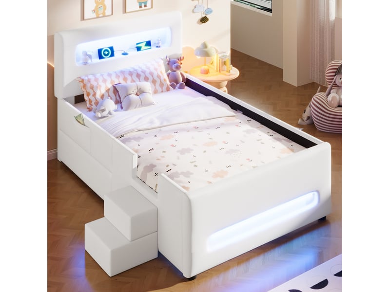  Modenvie lit enfant 90x200 cm - avec led, tiroir de rangement et escalier - pour chambre d'enfant - blanc  - Conforama E