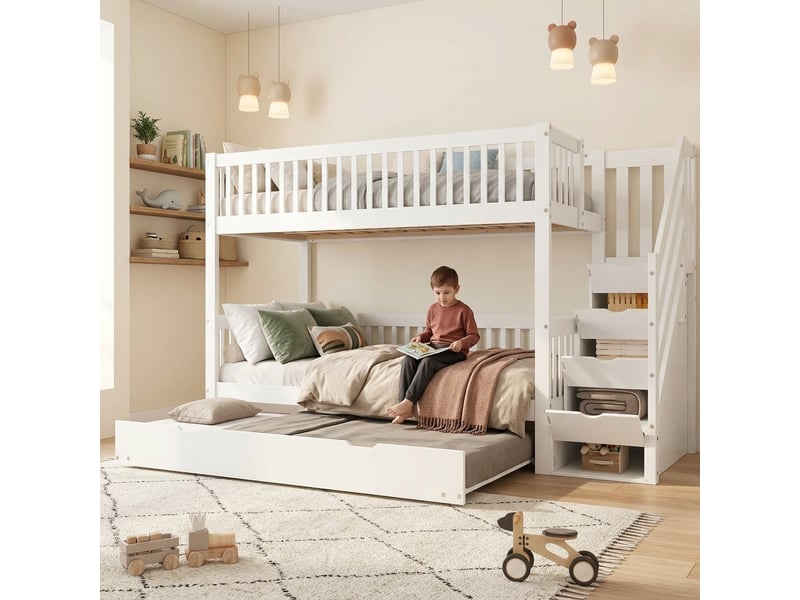  Lit superposé 3 places 90x20090x190 cm, lit gigogne, couchage gigogne, escalier avec rangement, barrière de sécurité, bois massif et mdf blanc CozyNest - Conforama D