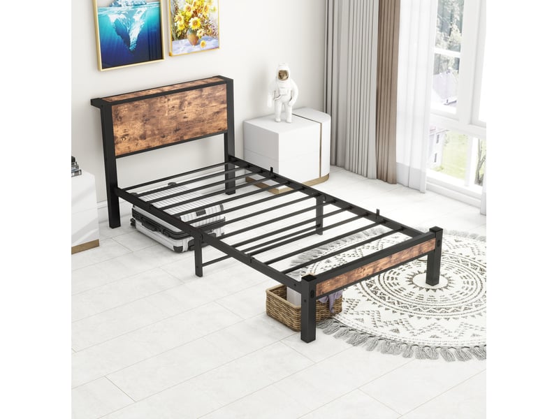  Elvmi lit simple 90x200 cm avec tête de lit de rangement, cadre de lit plateforme en métal et mdf, 13 lattes métalliques, 6 pieds, espace de rangement sous le lit 27 cm, structure stable et silencieuse, style industriel brun ant…  - Conforama E