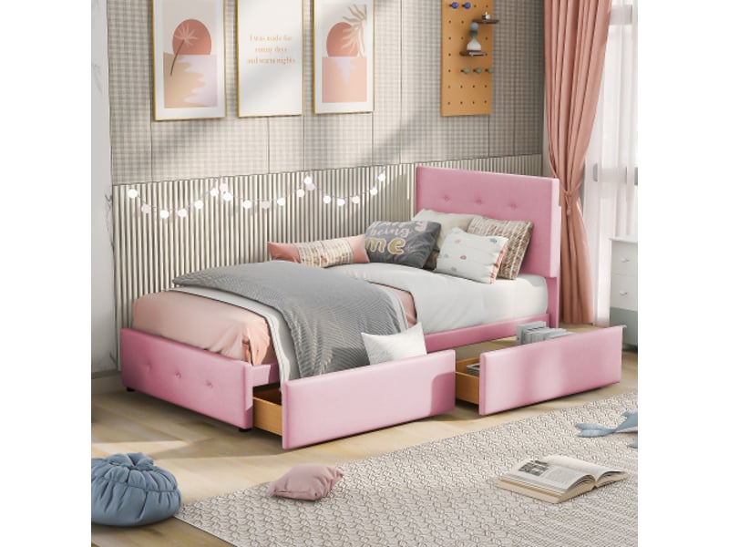 Lit enfant 90x200 cm, lit enfant avec 2 tiroirs et tête de lit réglable, tissu en velours rose, sans matelas - Conforama B