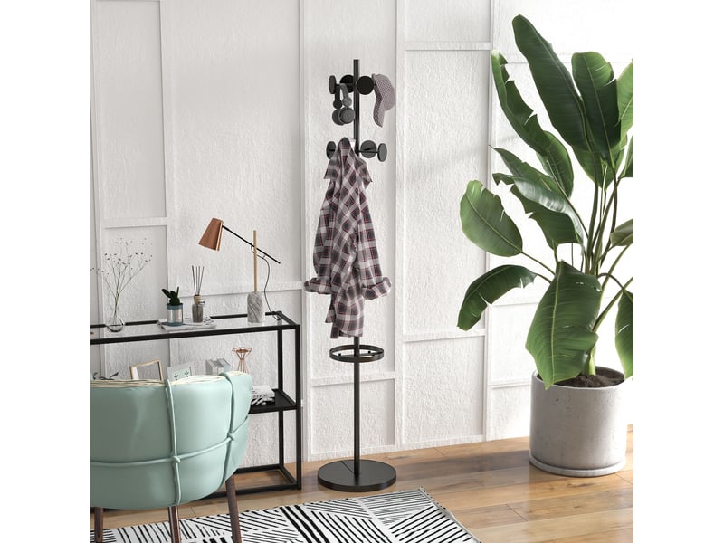  Porte-manteau avec porte-parapluie et 8 crochets métalliques ronds ø34 x 177 cm, noir  - Conforama C