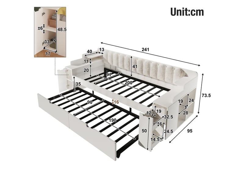 Lit banquette enfant 90x200 cm blanc bois, couchage d'appoint 90x190 cm et rangements latéraux - Conforama C
