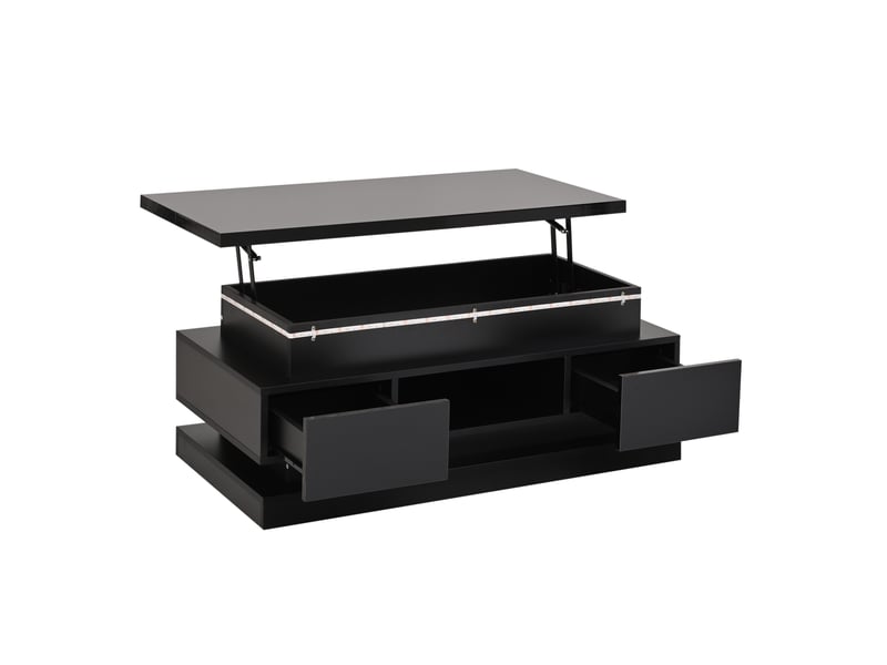  Table basse relevable - 100x50x40cm - table basse laquée brillante avec éclairage led rgb, 2 tiroirs &amp; coffre - noir  - Conforama A