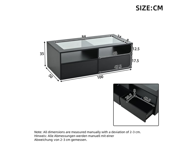 Table basse rectangulaire noir avec 2 tiroirs - 50x100 cm led panneau de particules table basse noir - Conforama C
